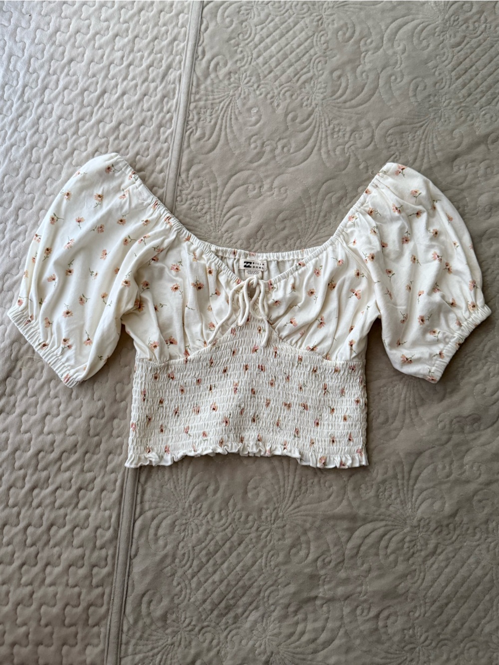 Billabong White Smocked Top with Pink Floral Print